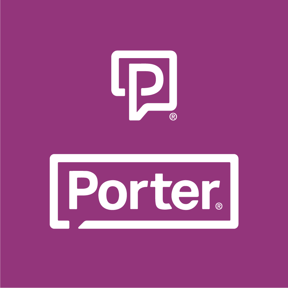 Porter logo lockups: a P speech-bubble mark and the boxed Porter wordmark on purple