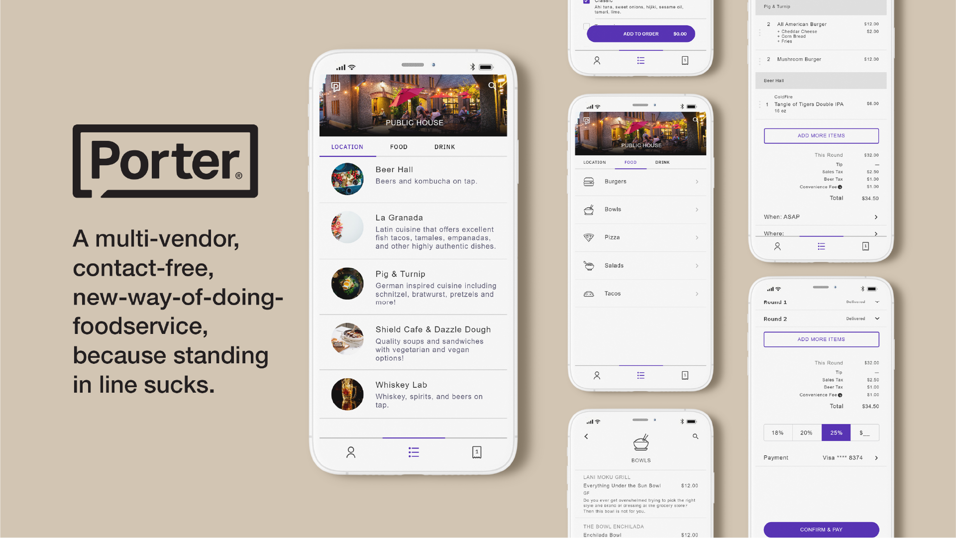 Porter app screens for a multi-vendor food hall menu with tagline because standing in line sucks
