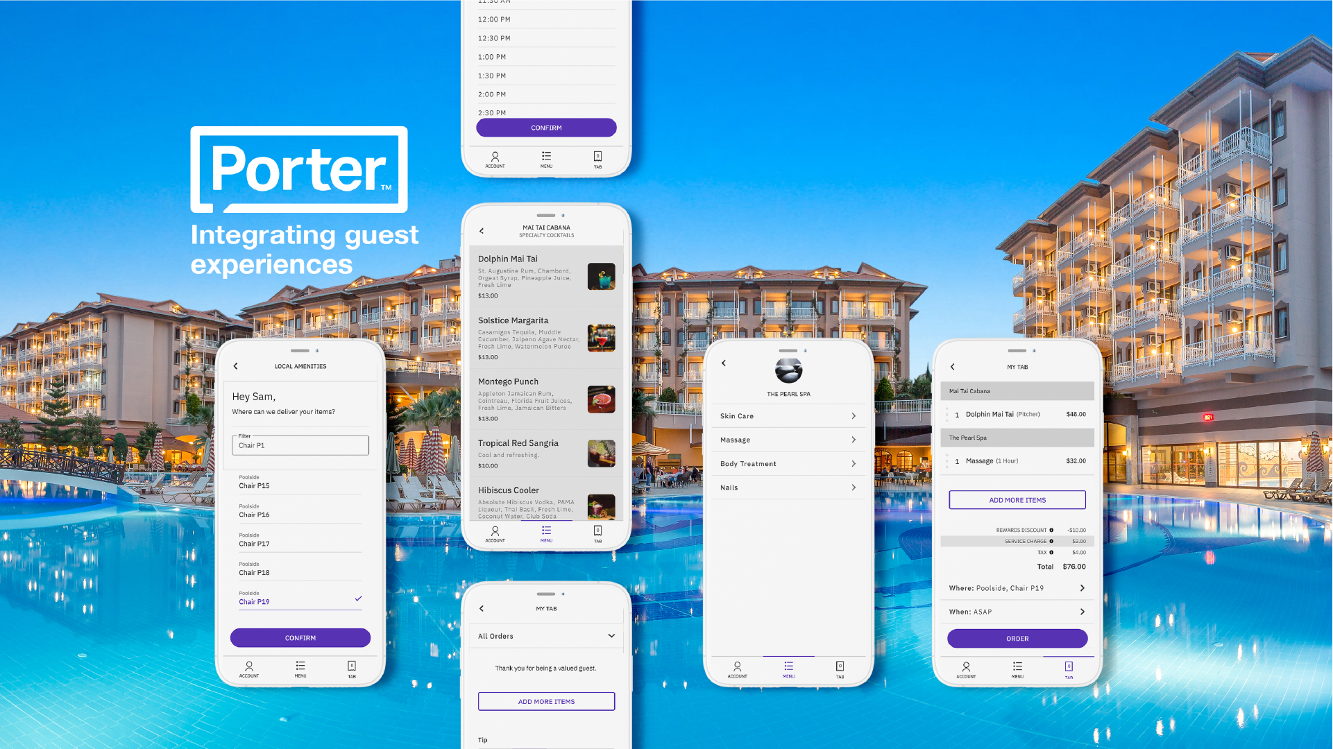 Porter Integrating guest experiences: phone app screens over a resort pool and hotel buildings