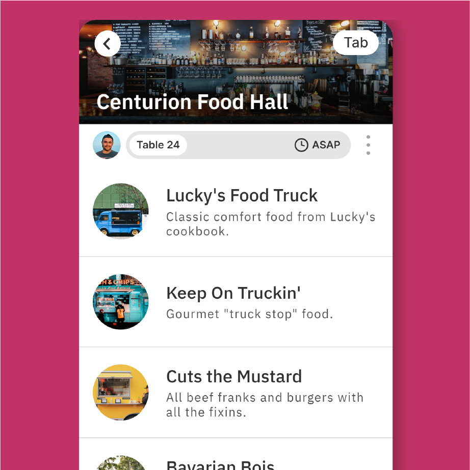 Porter app screen for Centurion Food Hall listing food trucks like Lucky's Food Truck and Cuts the Mustard