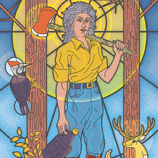 Stained-glass-style illustration of a lumberjack holding an axe with a woodpecker, deer and oil jug, Public House branding