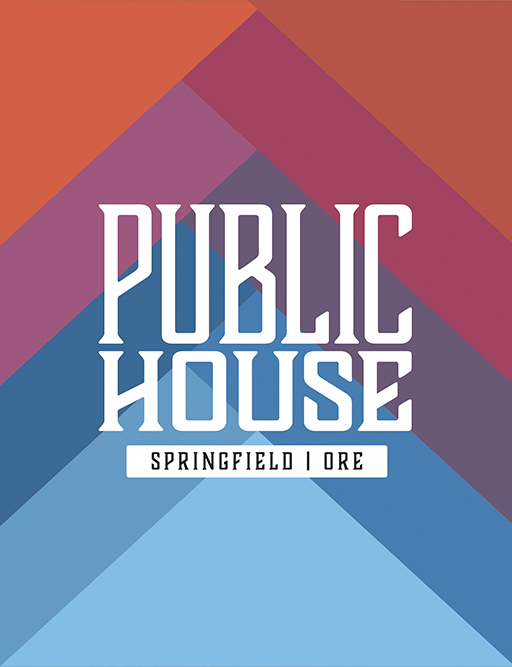 Public House Springfield Ore logo in white over layered red and blue chevron pattern