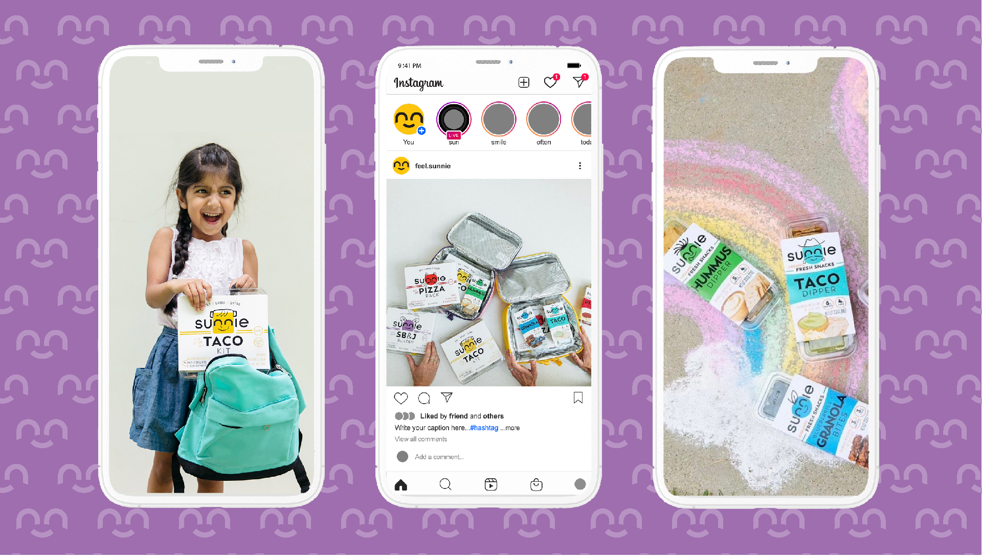 Three phones showing Sunnie lunch packs: a smiling girl holding a Taco kit, an Instagram post, and rainbow beach flatlay