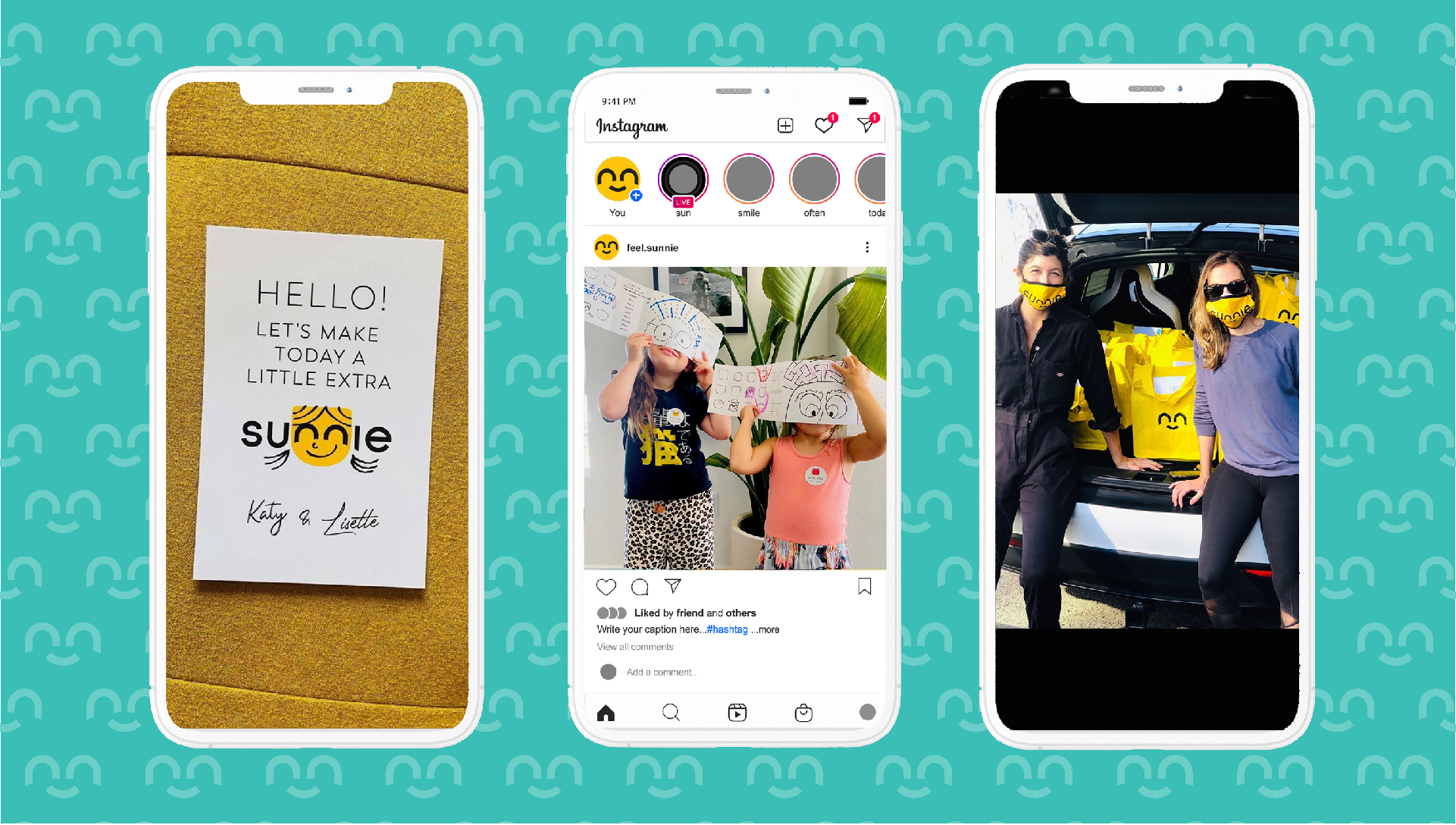 Three phones showing Sunnie social content: a 'Hello, let's make today a little extra' note, kids, and a car trunk haul