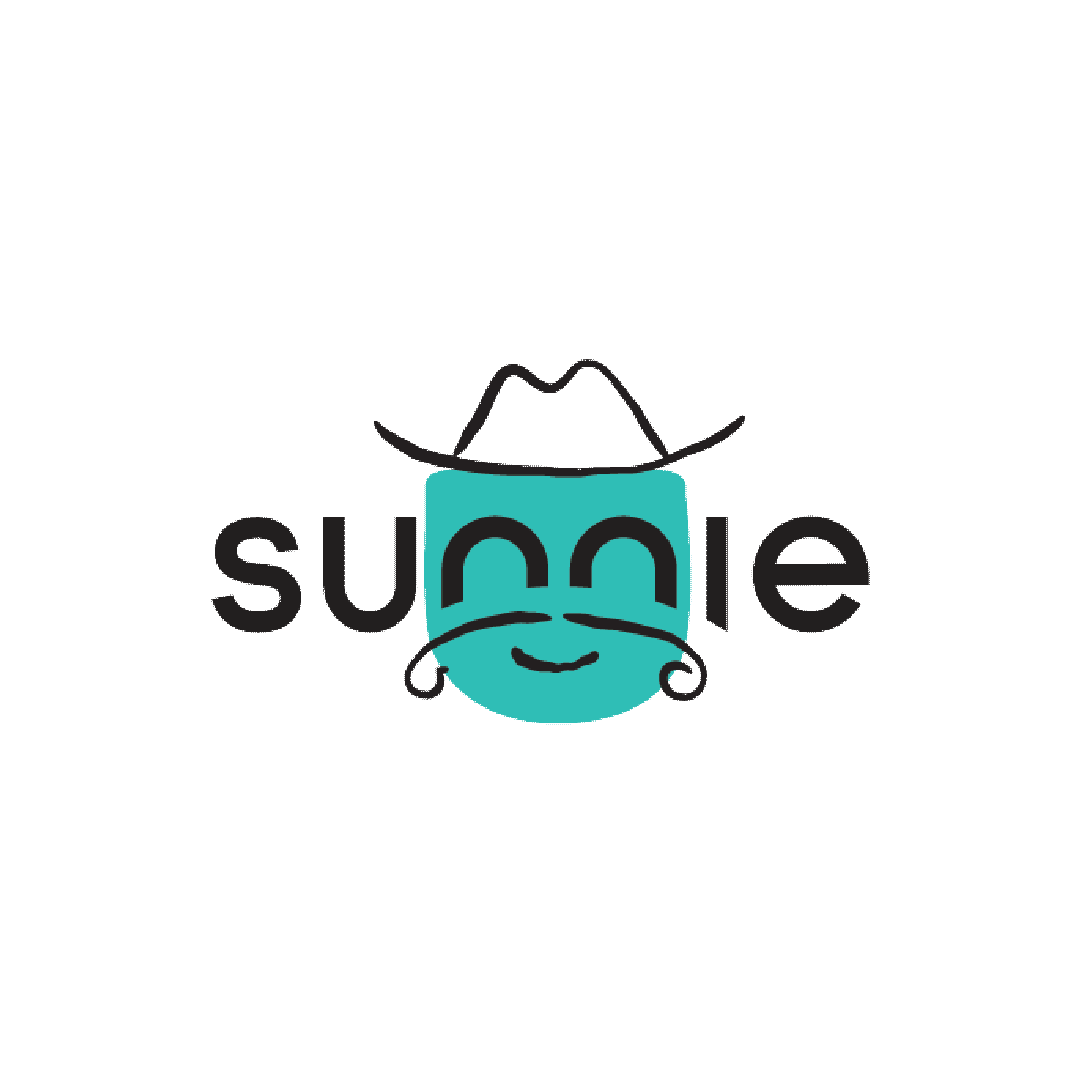 Sunnie logo with a teal face wearing a cowboy hat and mustache