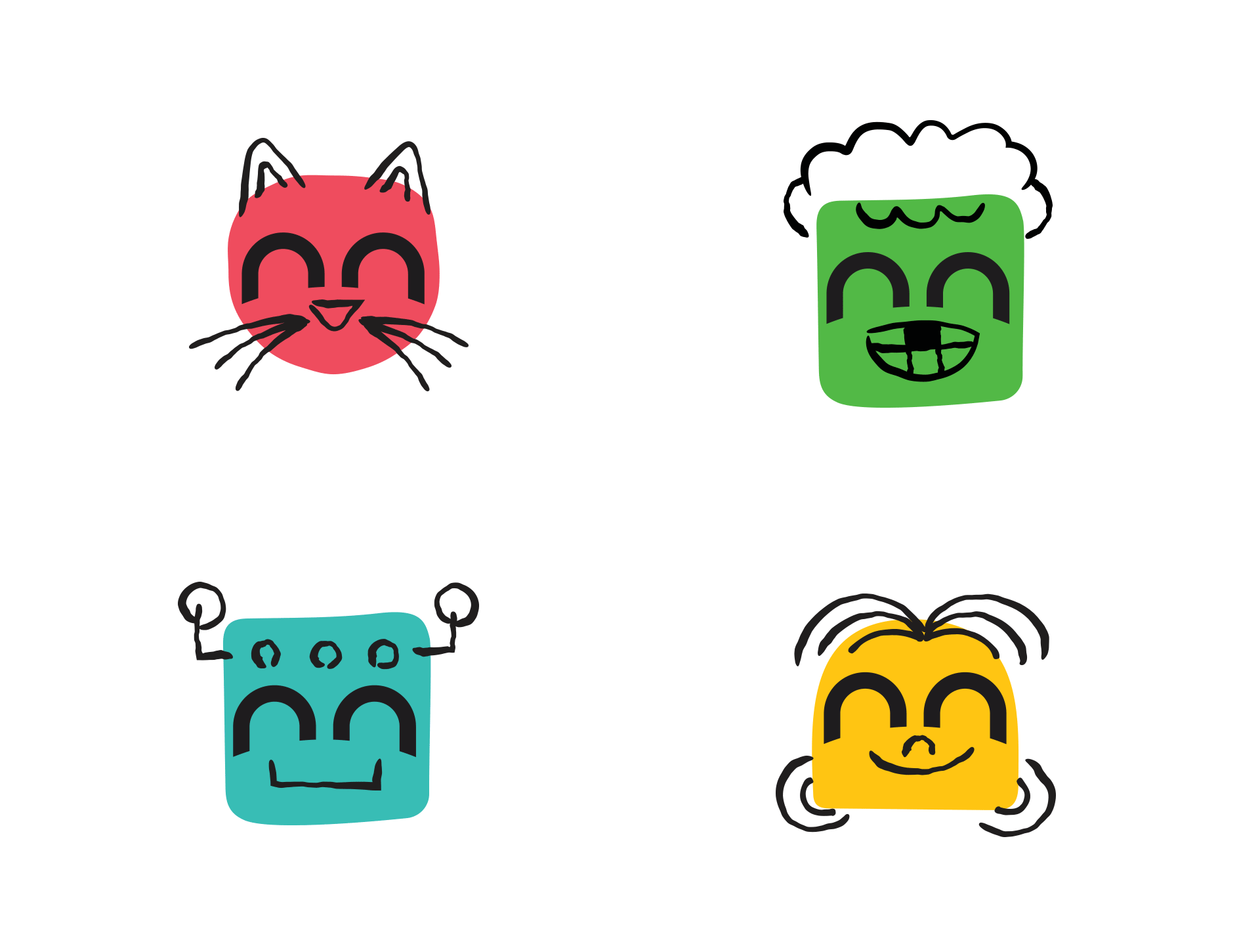 Four hand-drawn Sunnie character faces: pink cat, green broccoli, teal robot, and yellow smiling figure