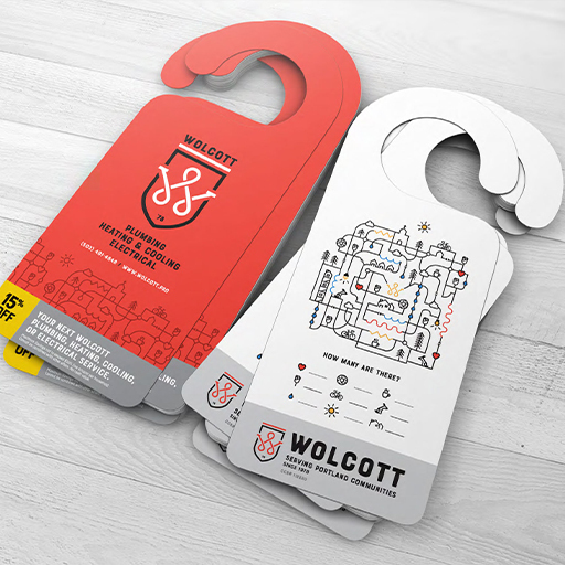 Wolcott door hangers, red and white, with shield logo, line illustrations and a find-the-icons game