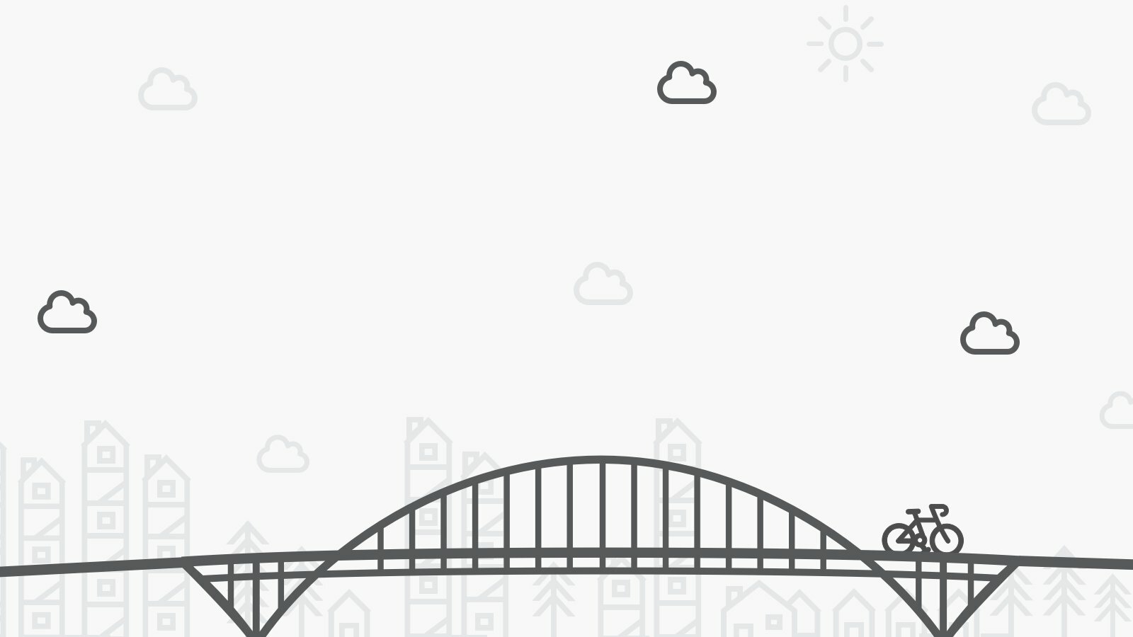 Line illustration of a Portland arch bridge with a cyclist, clouds and houses, Wolcott branding