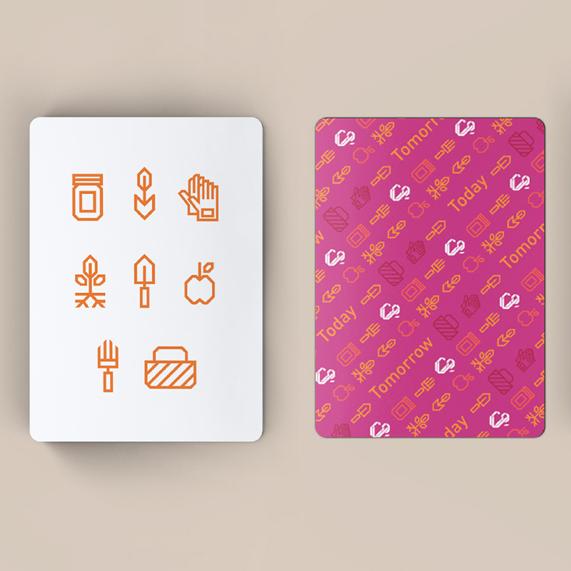 Two Let's Co cards, one with orange gardening icons, one with a pink Today Tomorrow pattern, WSECU