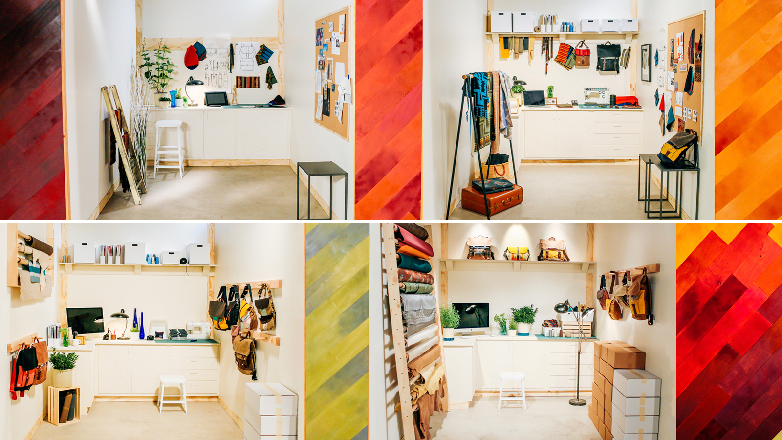 Four views of a bright WSECU Let's Co pop-up shop with goods on wood shelving and colorful walls