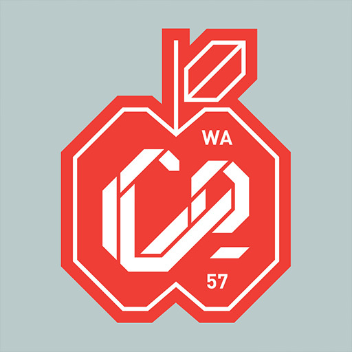Red apple-shaped Let's Co badge with WA 57 lettering on grey, WSECU campaign