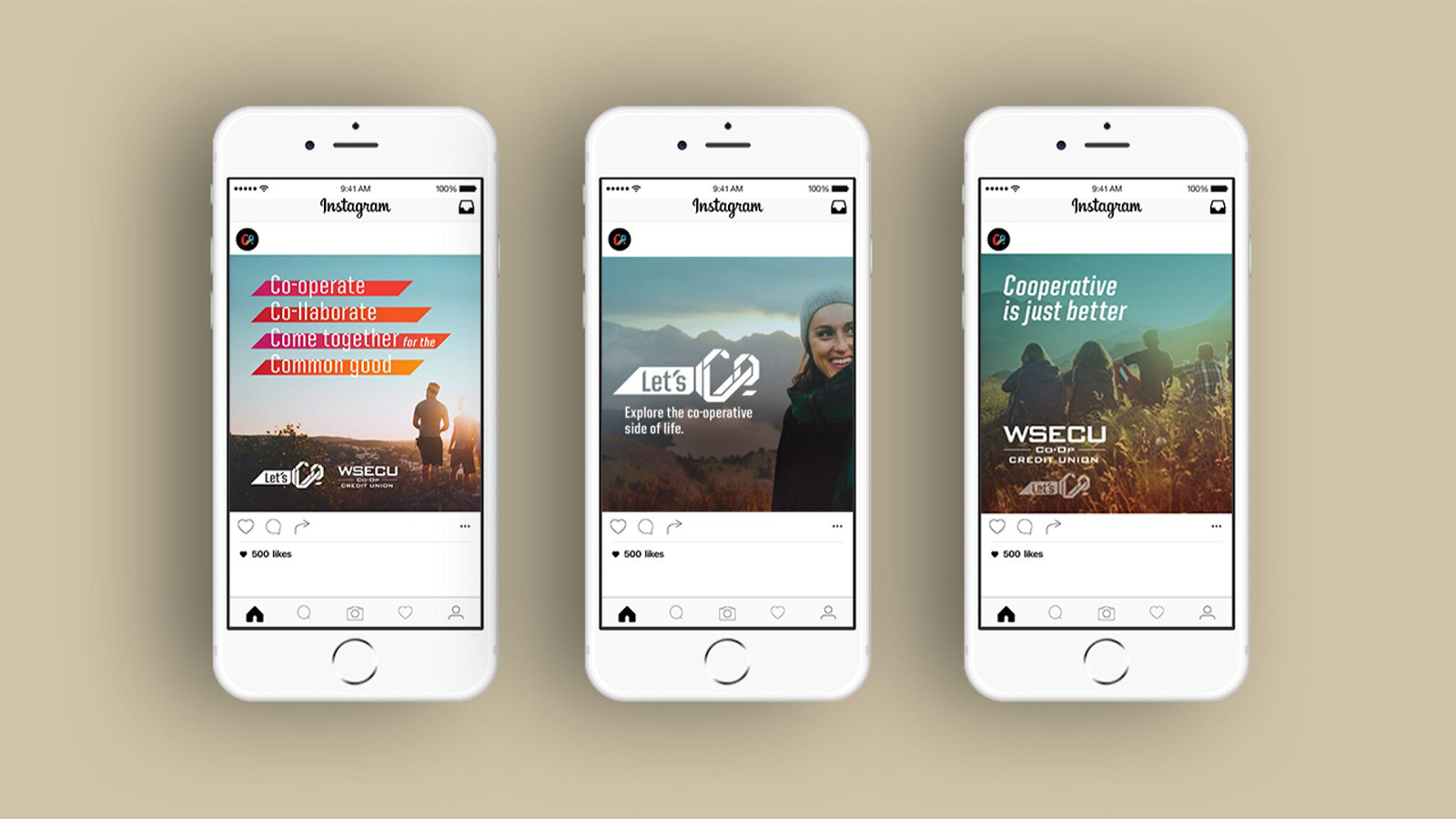 Three phones showing WSECU Let's Co Instagram ads, Cooperative is just better, social campaign