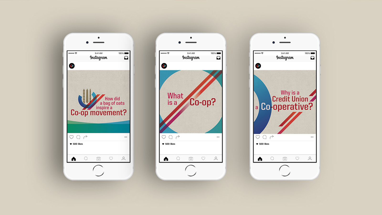 Three phones showing WSECU Let's Co Instagram posts asking what a co-op and credit union are