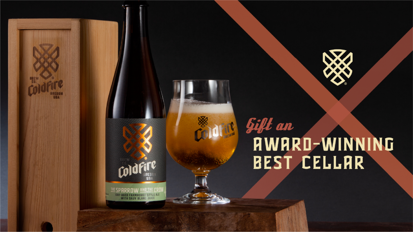 ColdFire Sparrow and the Crow bottle, snifter and wood box with Gift an Award-Winning Best Cellar text