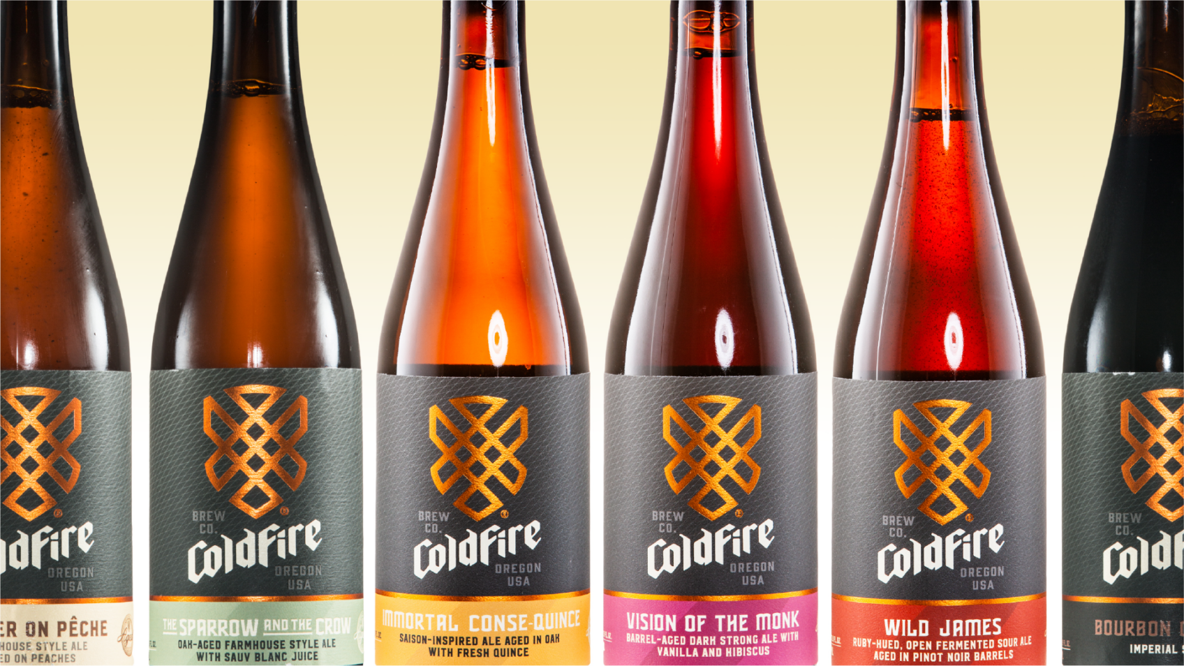 Row of ColdFire Brewing bottles with gray labels including Sparrow and the Crow and Wild James