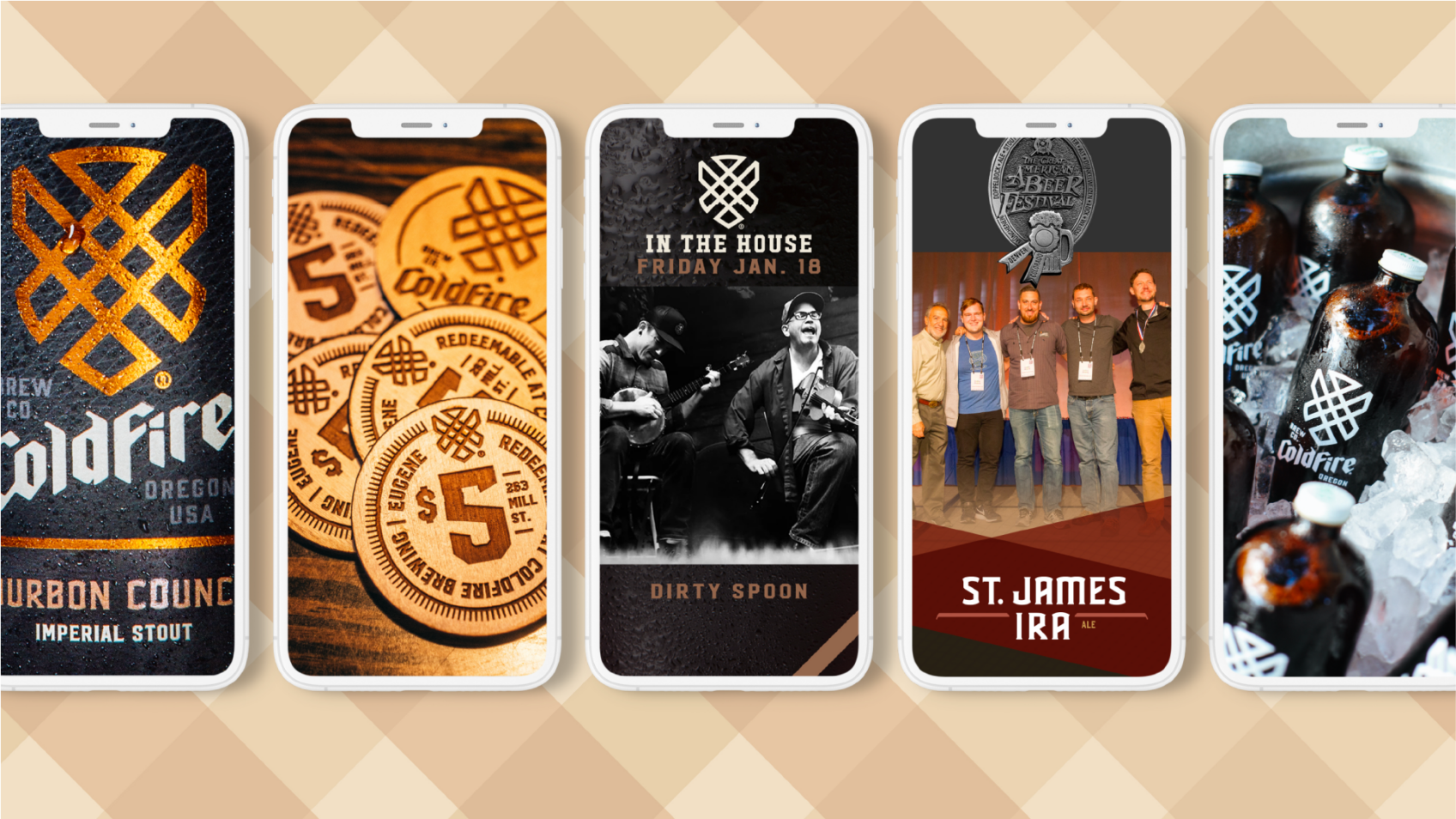 Five phone screens showing ColdFire Brewing social media ads for beer releases and events