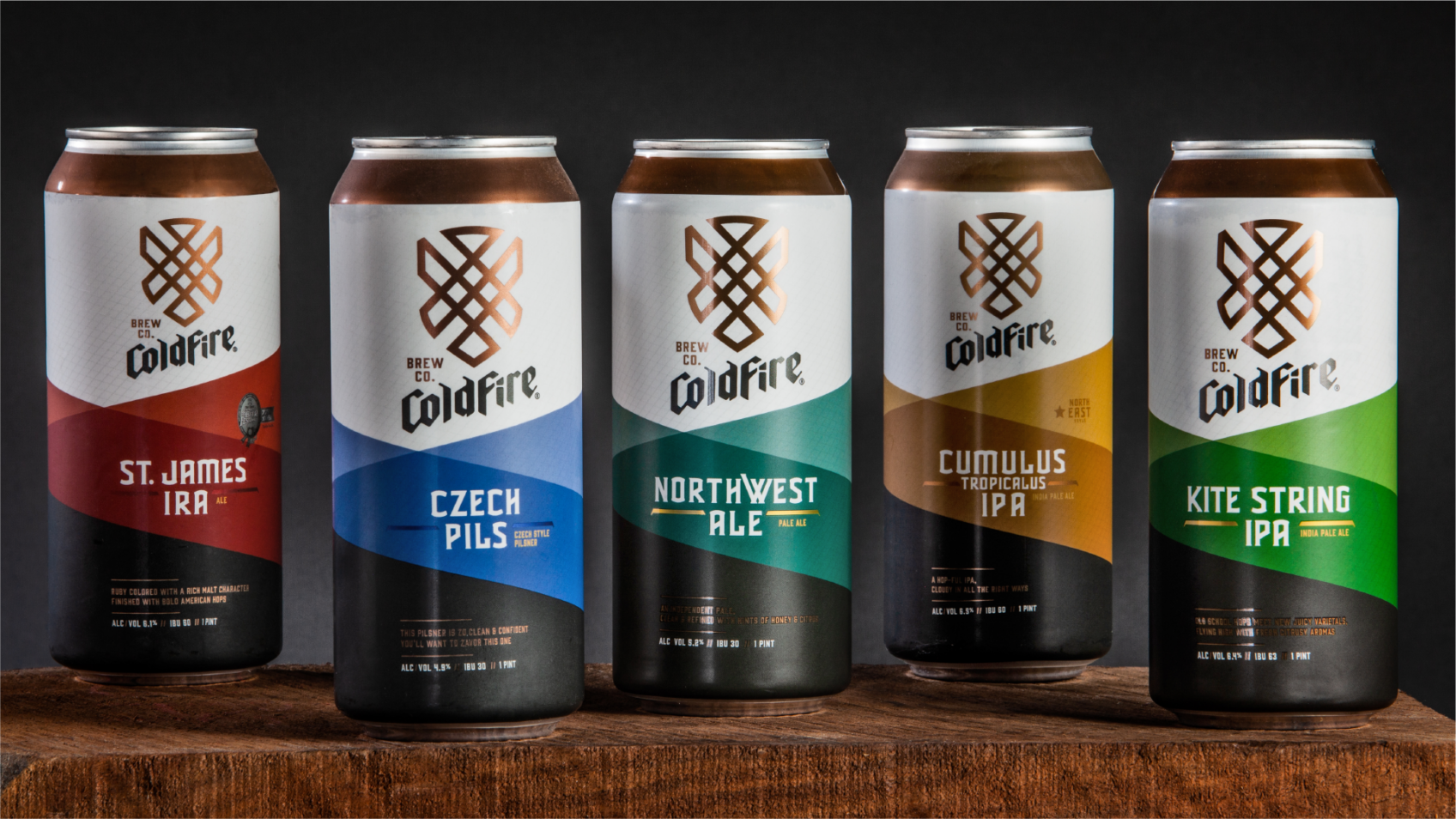 Five ColdFire cans lined up: St. James IRA, Czech Pils, Northwest Ale, Cumulus Tropicalis IPA, Kite String IPA
