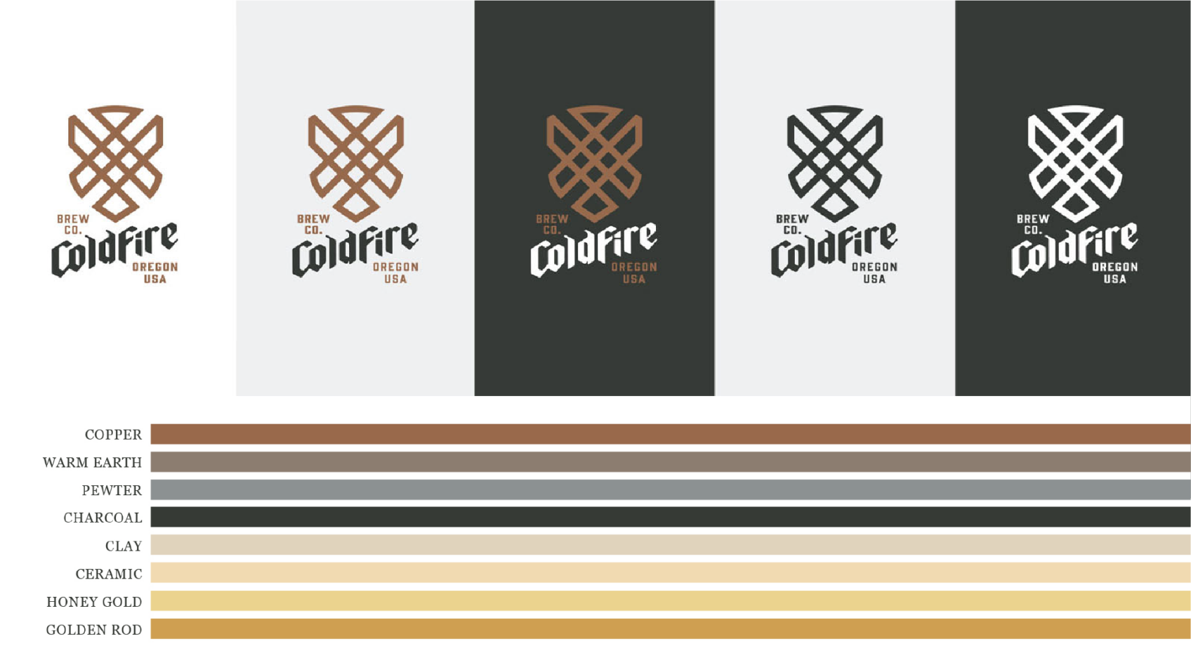 ColdFire brand sheet showing five logo color treatments and a palette of copper, charcoal, gold and clay swatches
