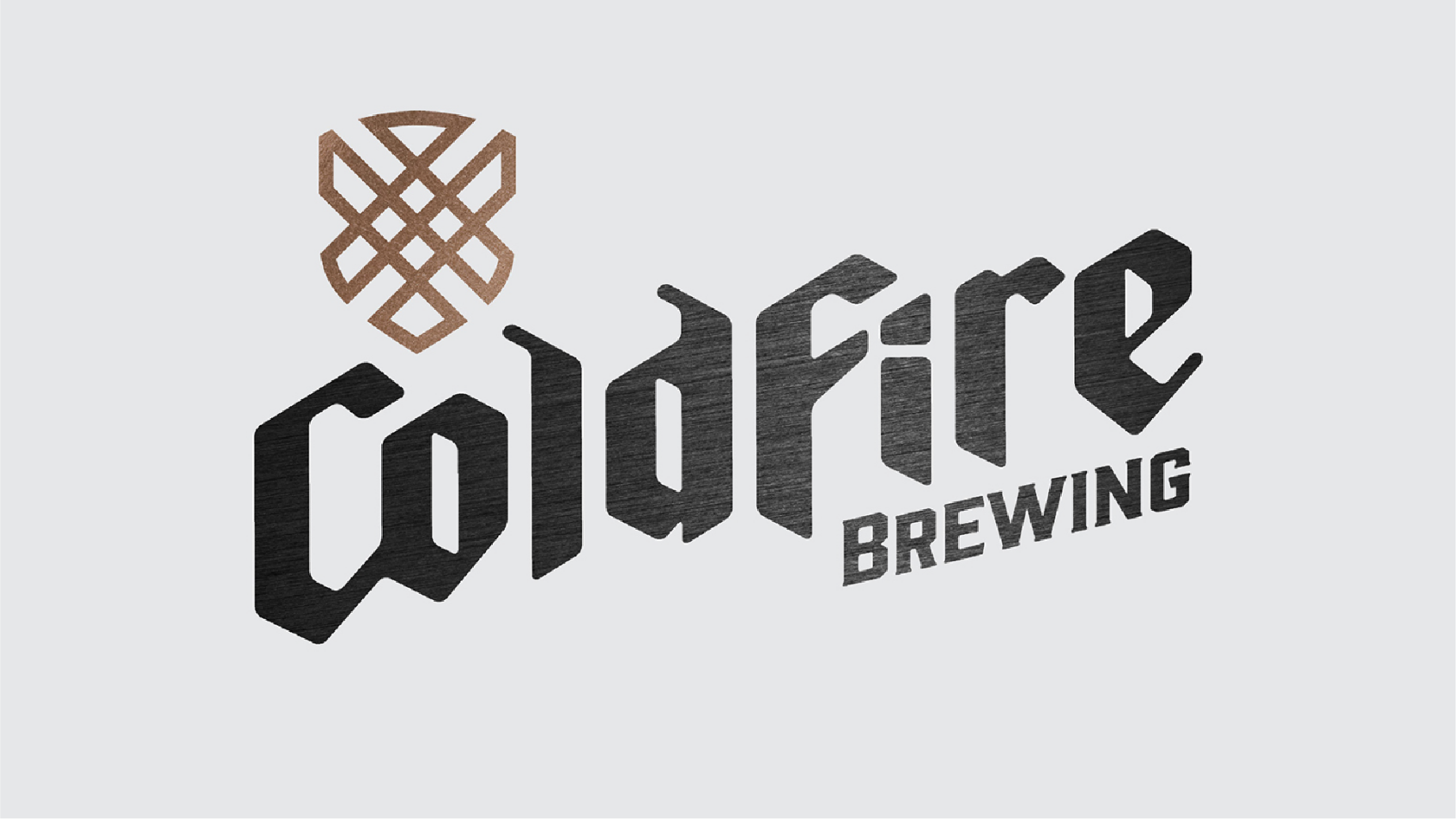 ColdFire Brewing logo with hop emblem in a textured metallic finish on a light background