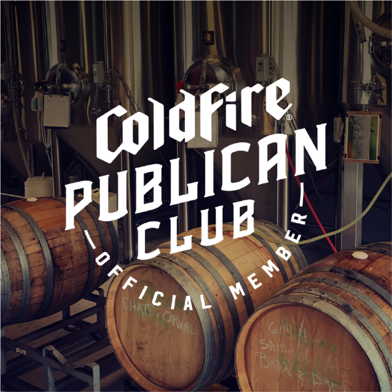 ColdFire Publican Club Official Member badge over a photo of barrels in the brewery