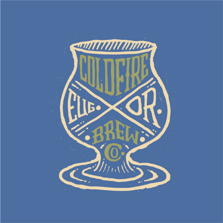 Hand-drawn ColdFire Eugene OR Brew Co. snifter glass illustration on a blue background