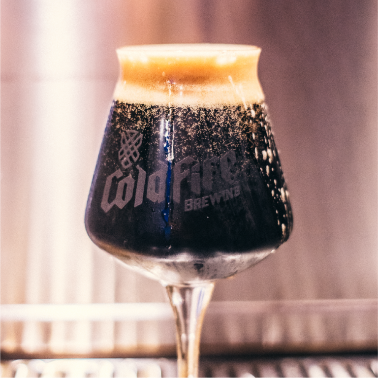 Dark foamy beer in a ColdFire Brewing teku glass against a stainless steel tank