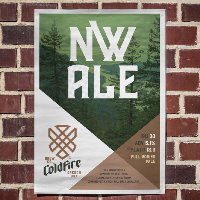 ColdFire Brewing NW Ale poster with forest scene and beer stats mounted on a brick wall