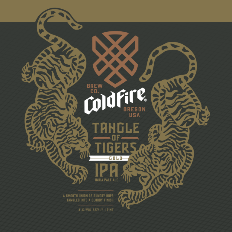 ColdFire Tangle of Tigers Gold IPA label with two intertwined gold tigers flanking the hop emblem