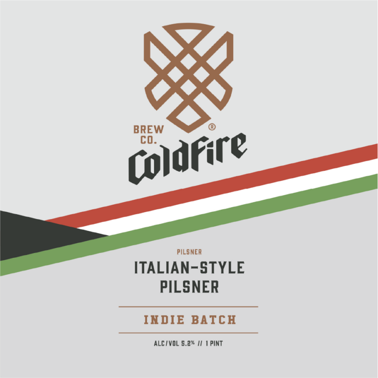 ColdFire Italian-Style Pilsner 'Indie Batch' label with hop emblem and green-white-red diagonal stripe