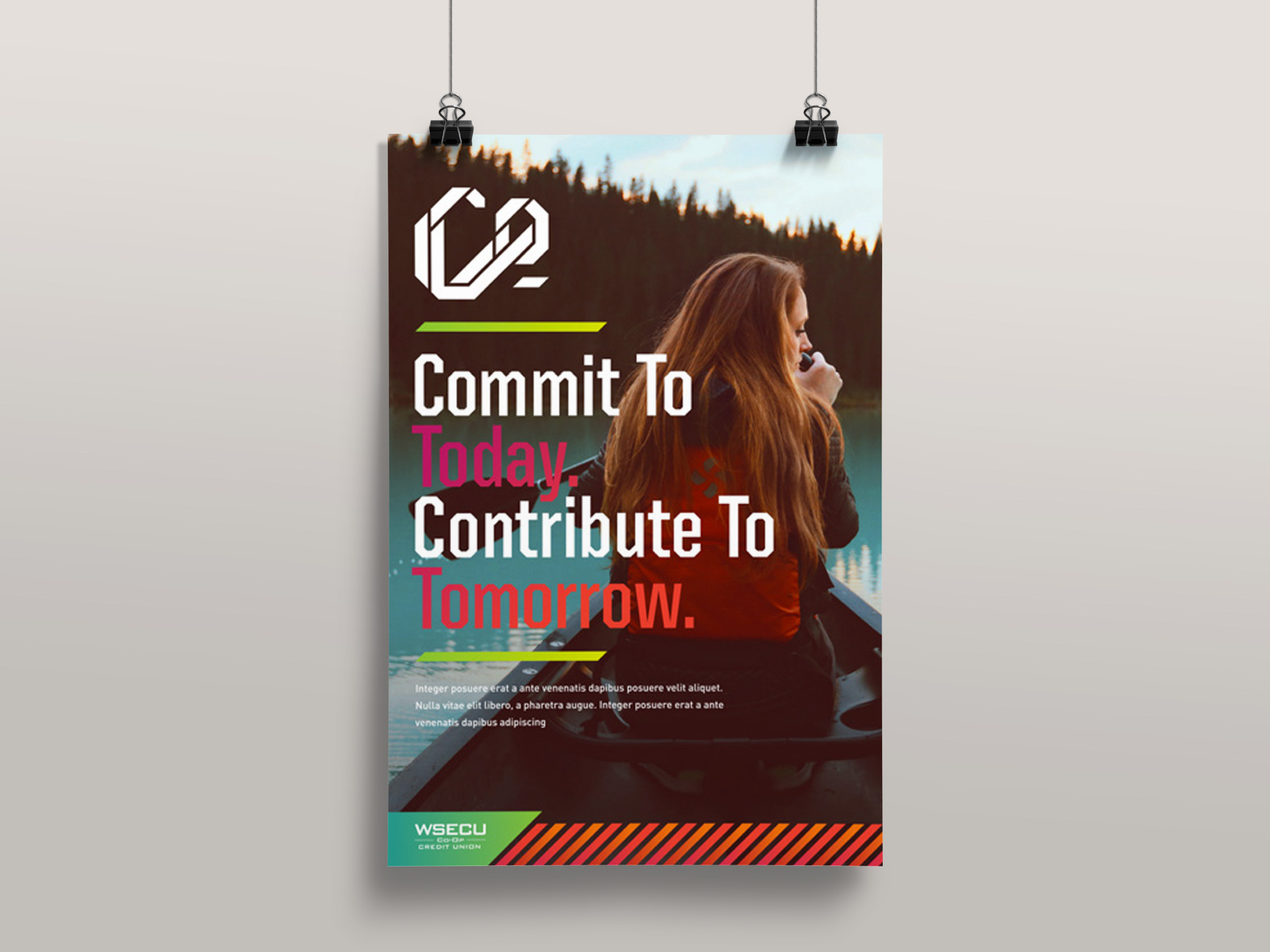 WSECU Let's Co poster, Commit To Today Contribute To Tomorrow, over a woman by a lake