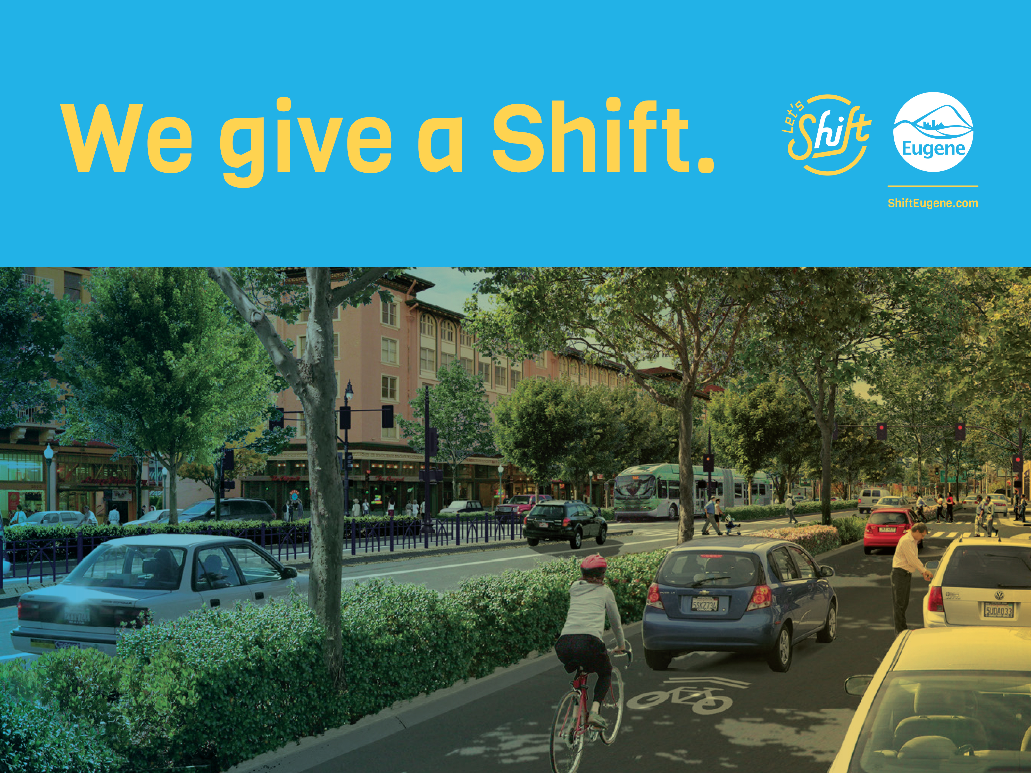 We give a Shift campaign banner with Shift and Eugene logos above a tree-lined street scene