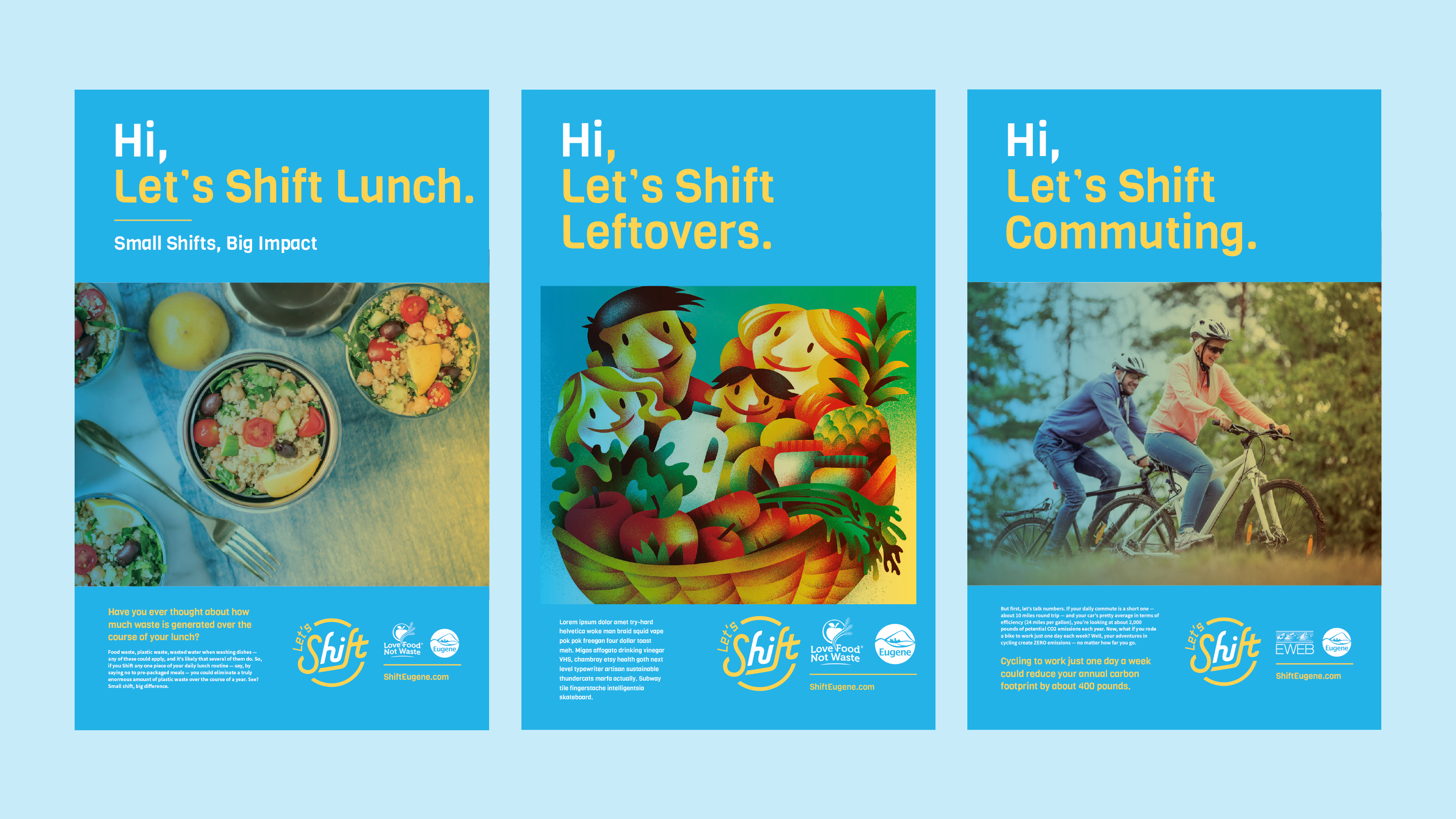 Three blue Shift posters: Let's Shift Lunch, Leftovers and Commuting with food and cyclists