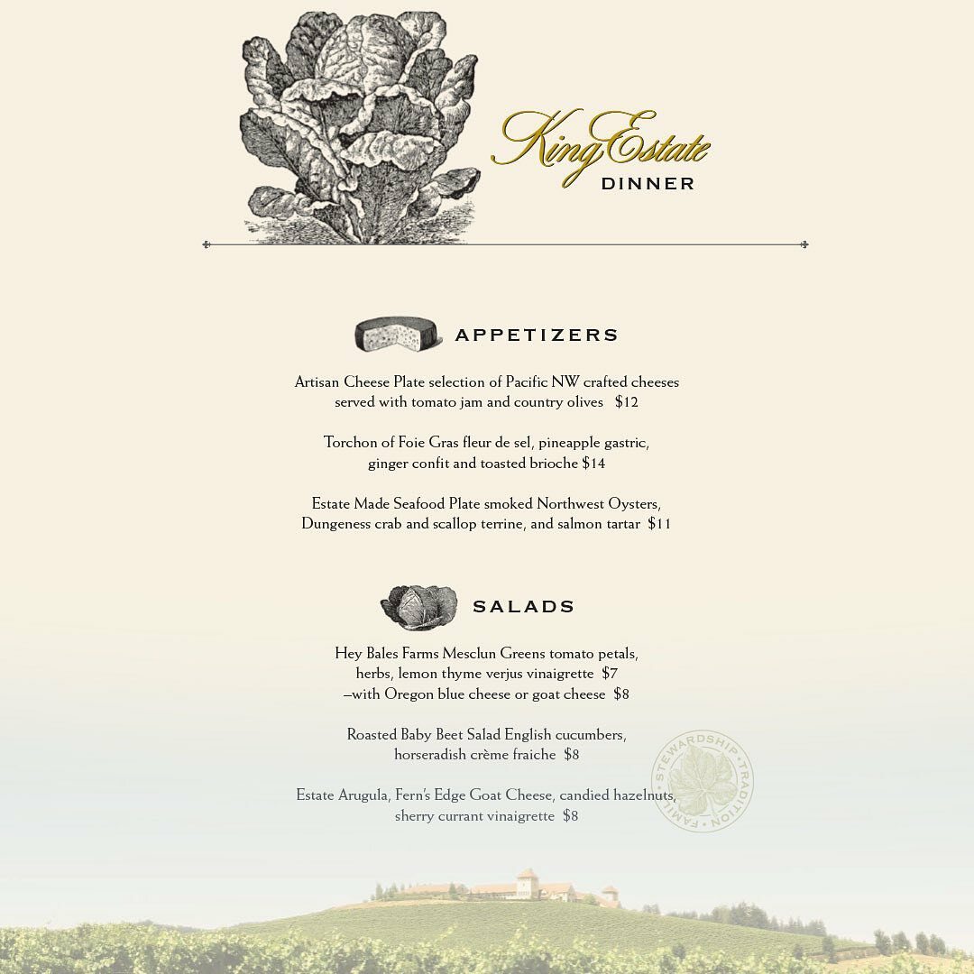 King Estate dinner menu with appetizers and salads, lettuce engraving and vineyard illustration