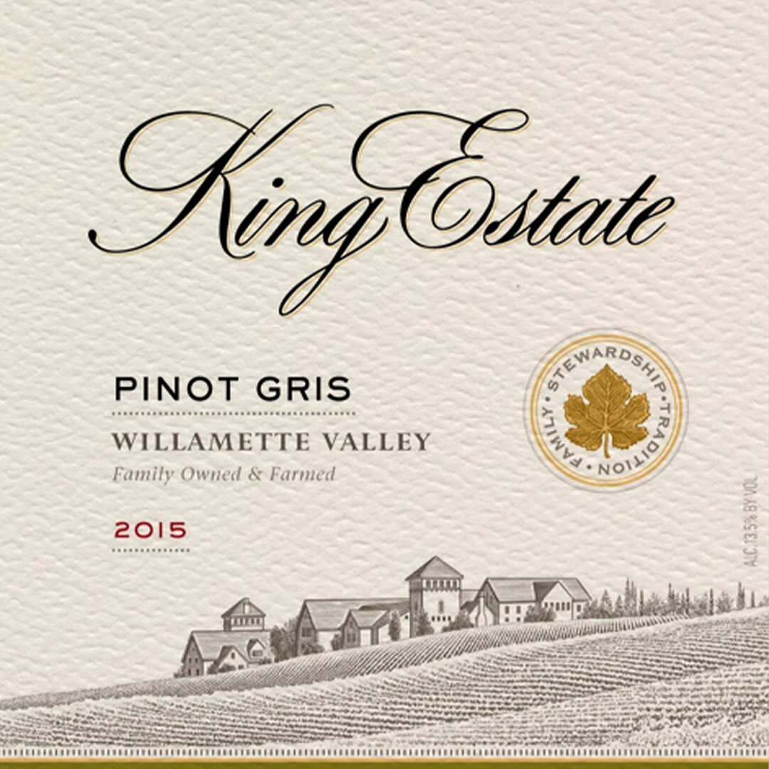 King Estate Pinot Gris 2015 Willamette Valley wine label with vineyard illustration