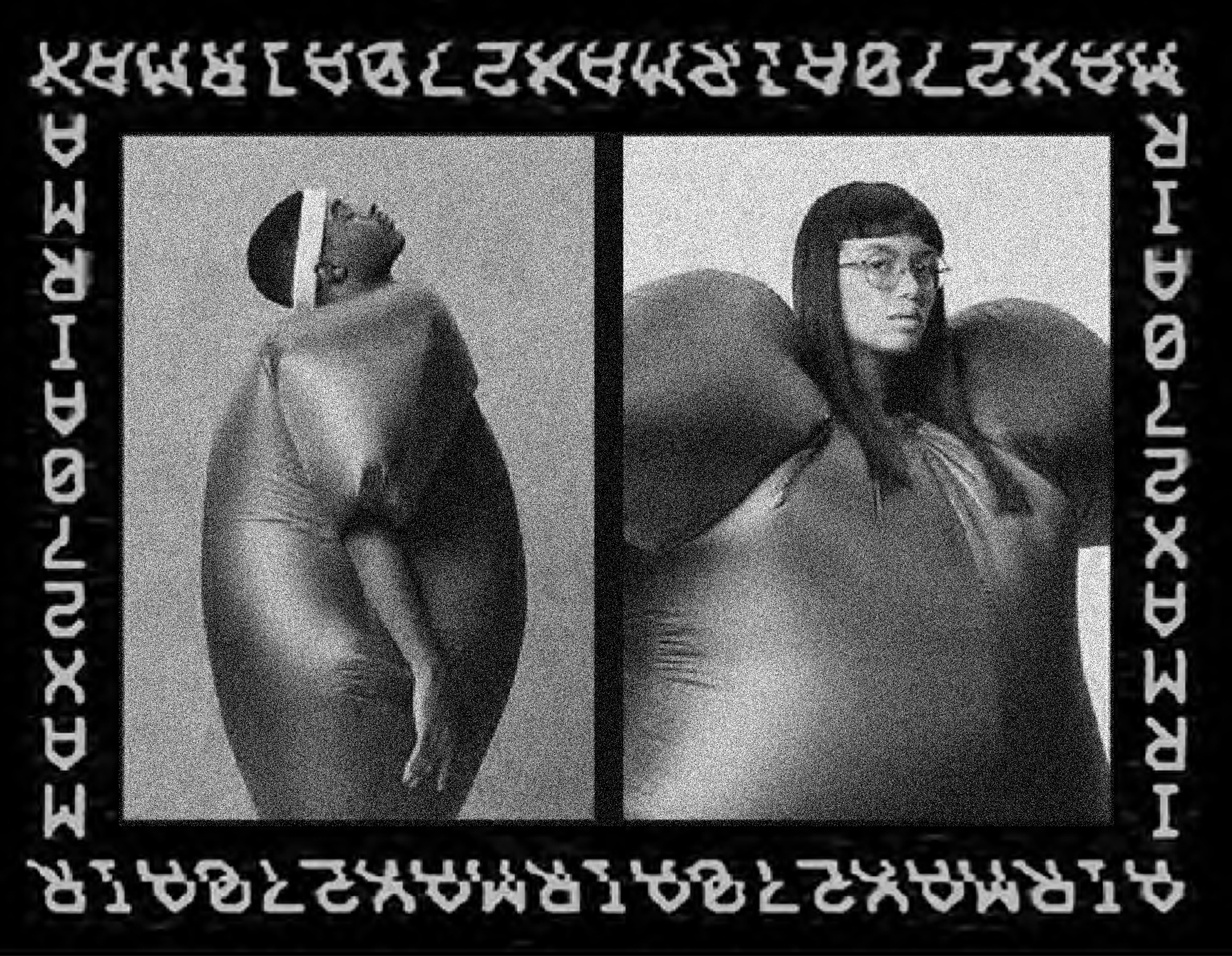 Nike London: two side-by-side portraits of women in inflated padded bodysuits framed by glyph borders