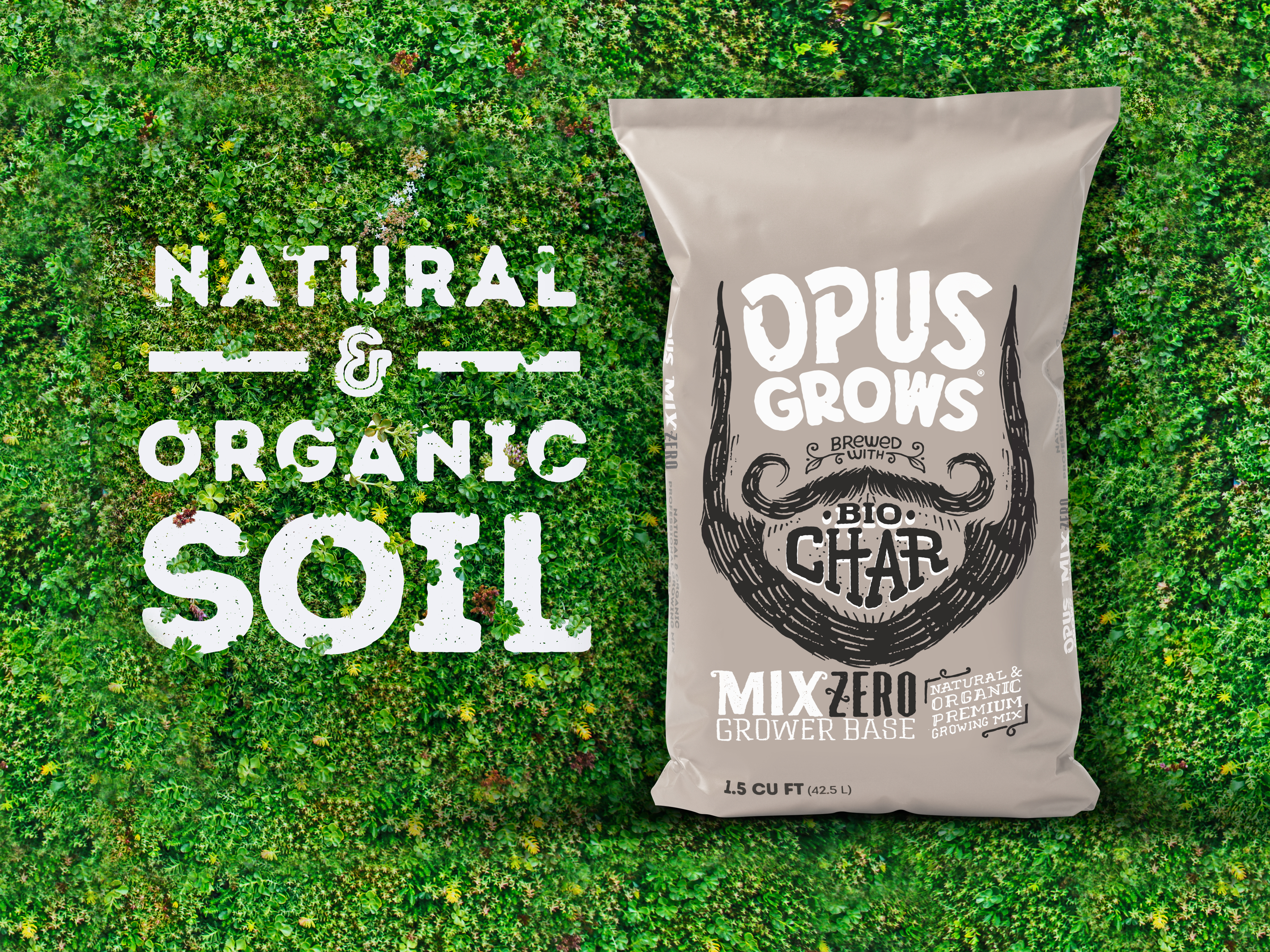 Opus Grows Bio Char Mix Zero grower base bag with "Natural & Organic Soil" text on green moss