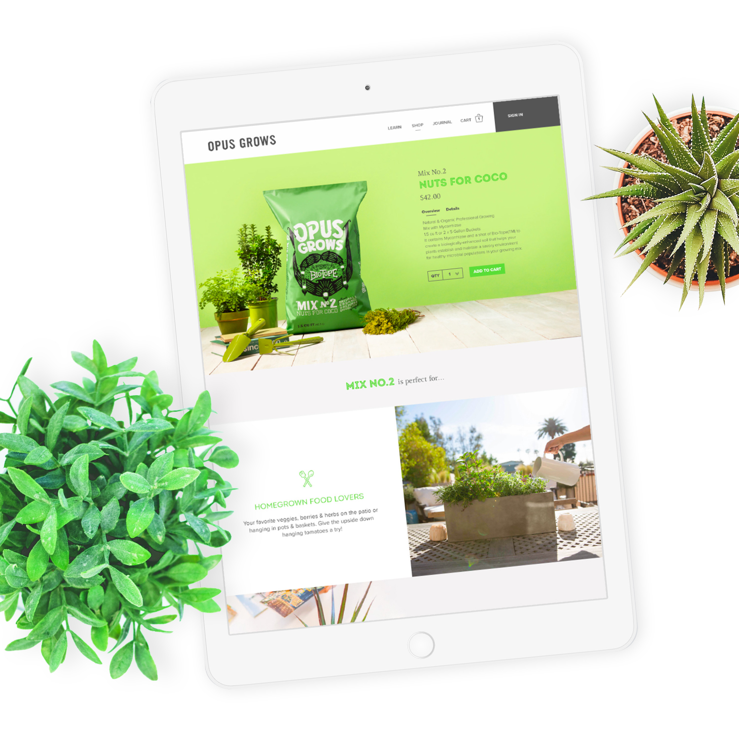 iPad showing the Opus Grows online shop product page surrounded by potted herbs and succulents
