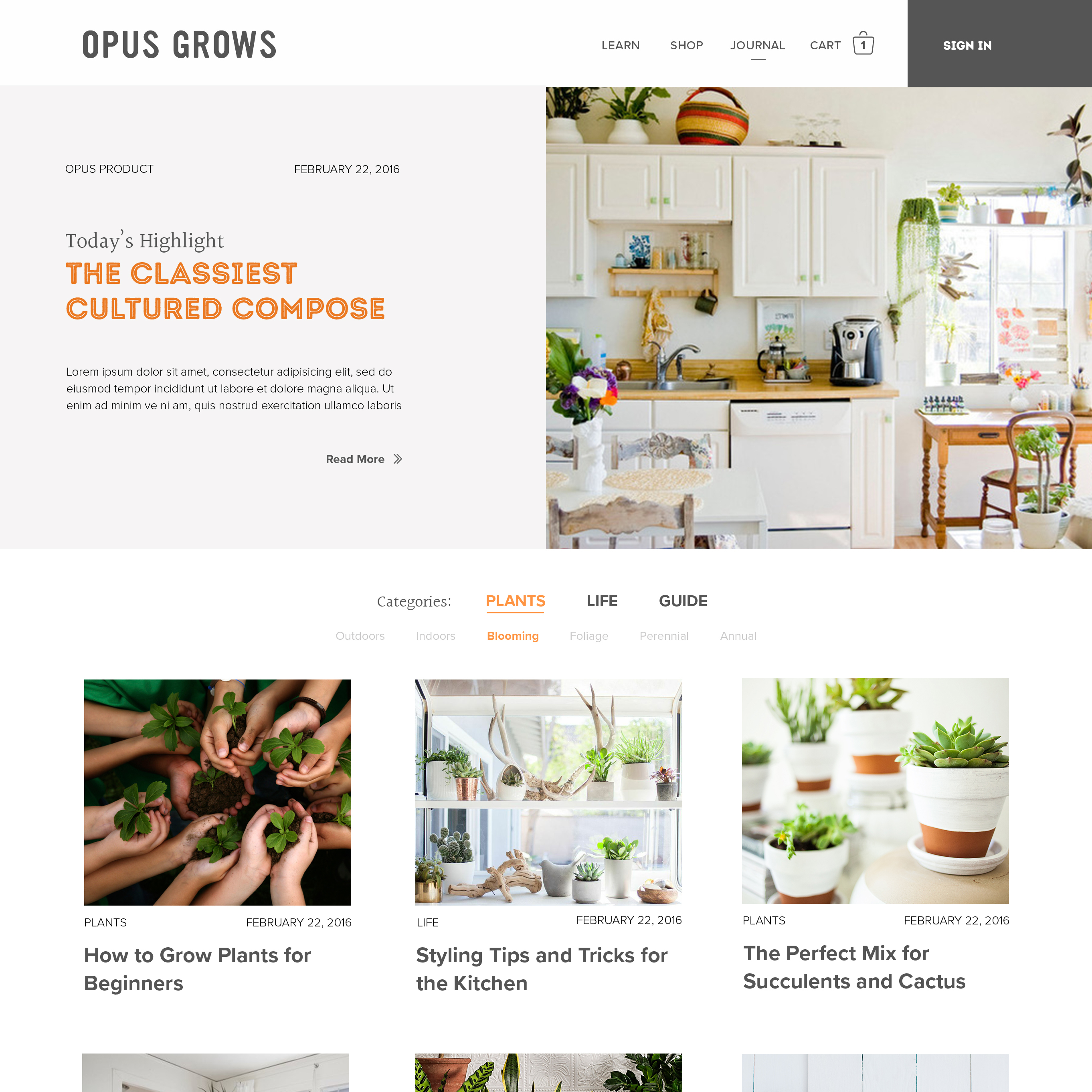 Opus Grows website Journal page with The Classiest Cultured Compose highlight and plant article cards