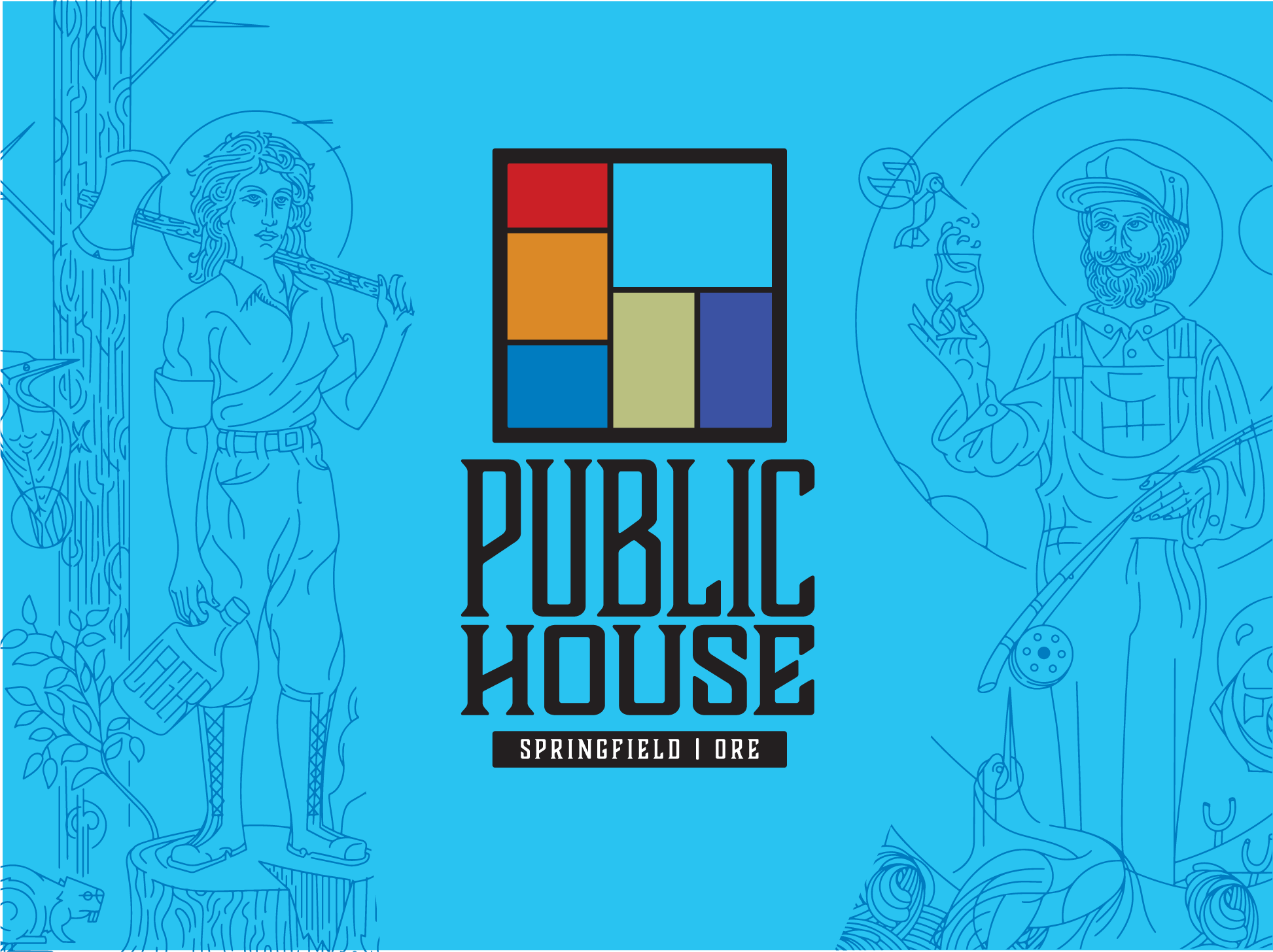 Public House logo with colored square grid above ornate lettering and Springfield Ore on blue