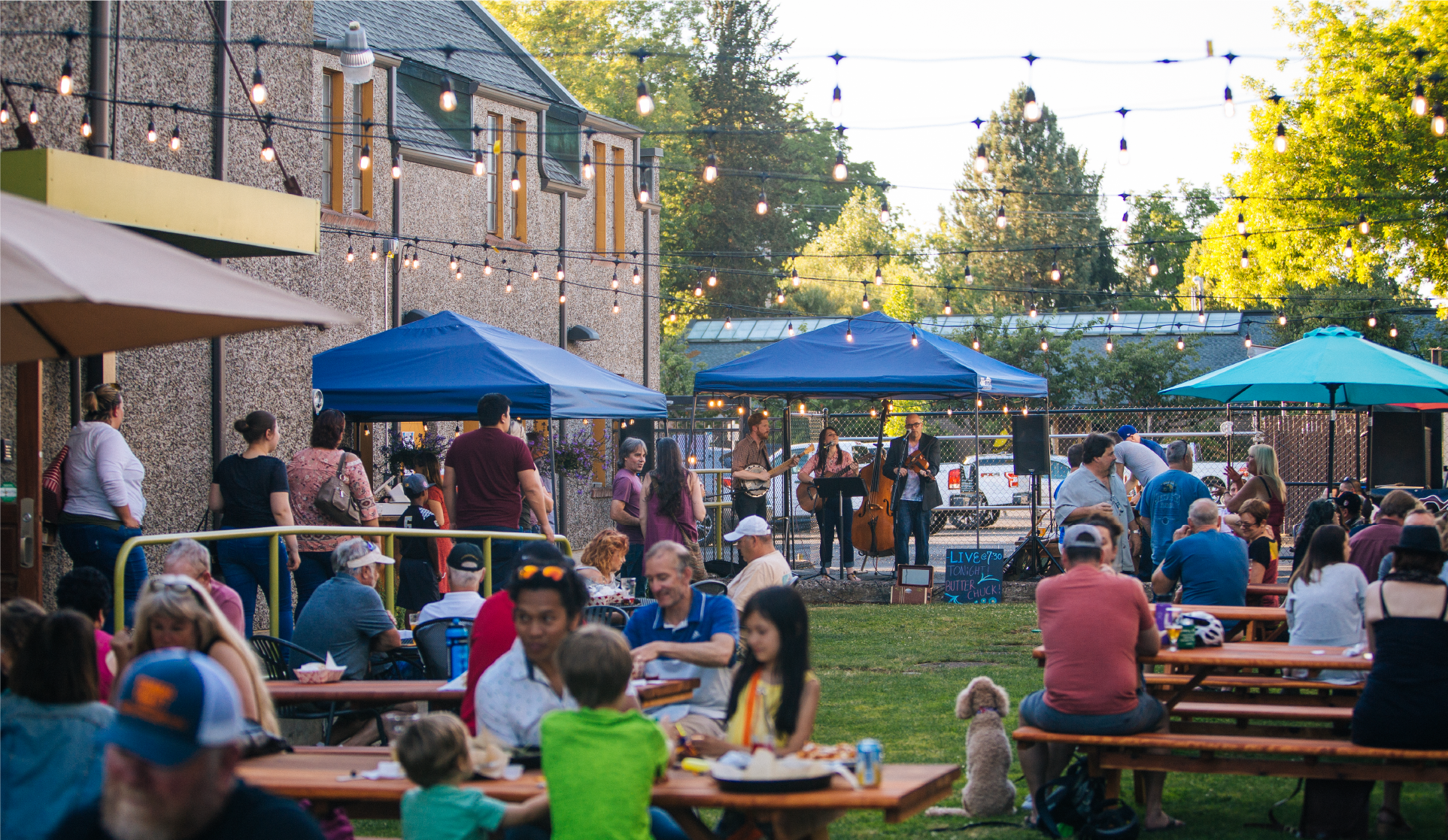 Outdoor beer garden at dusk with people at picnic tables, live band and string lights