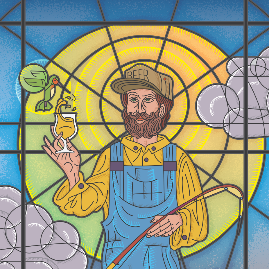 Stained-glass-style artwork of a bearded man in overalls holding a beer and fishing rod
