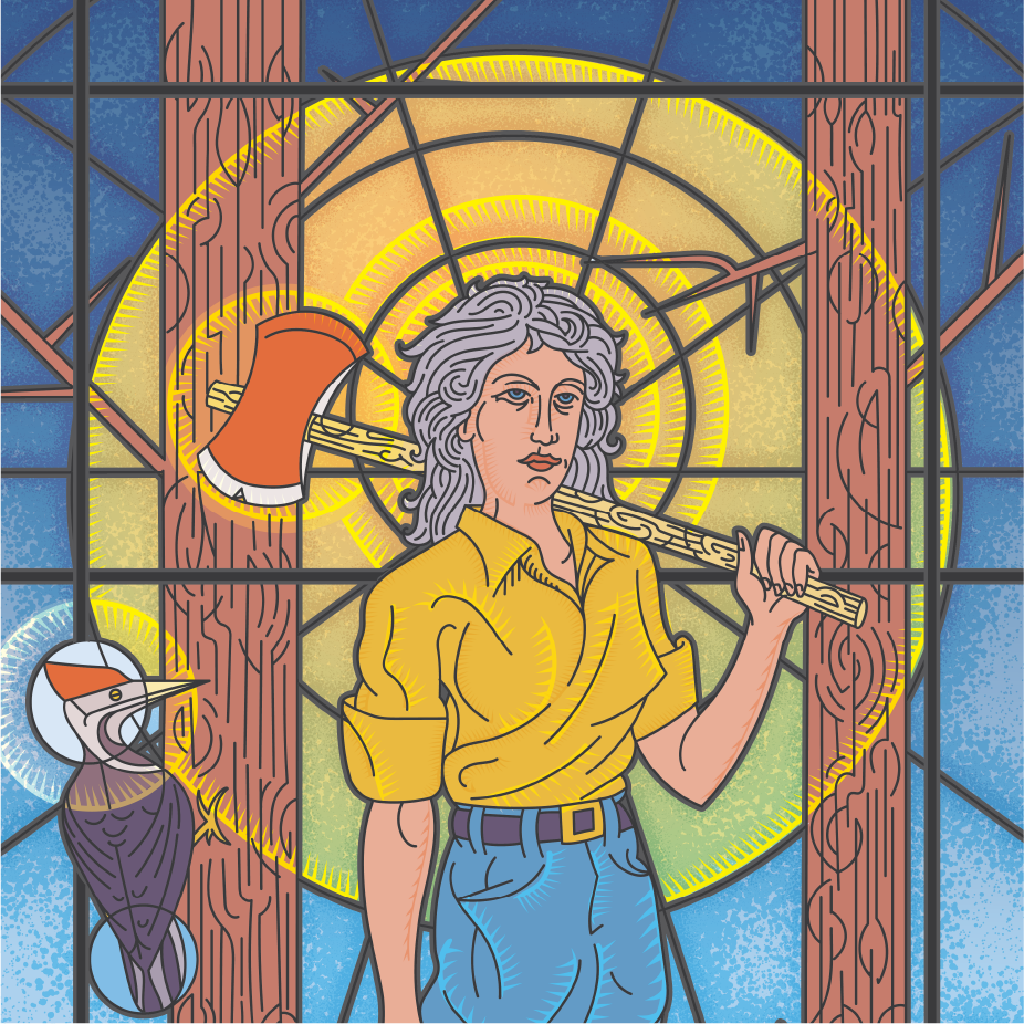 Stained-glass-style illustration of a woman holding an axe with a pileated woodpecker and tree