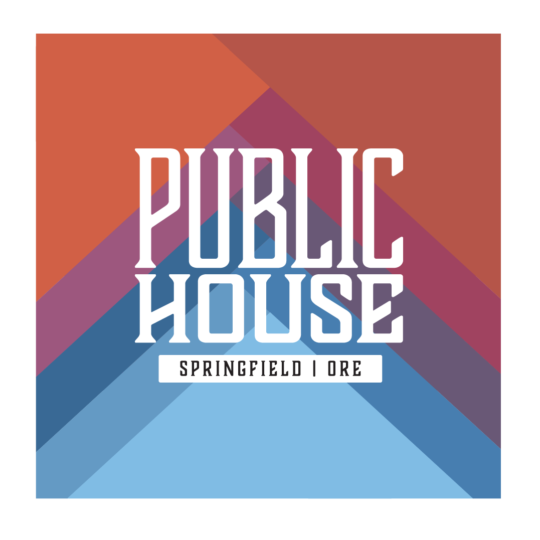 Public House Springfield Ore logo over layered red and blue chevron stripes