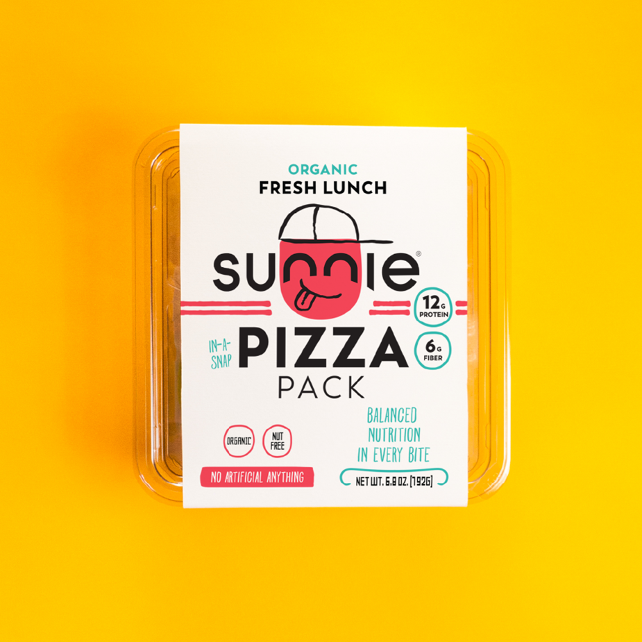 Sunnie Organic Fresh Lunch Pizza Pack in clear packaging on a yellow background