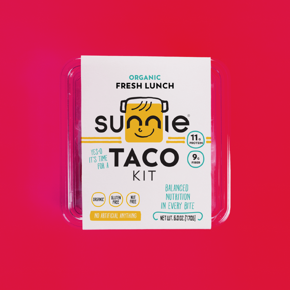 Sunnie Organic Fresh Lunch Taco Kit pack on a pink background
