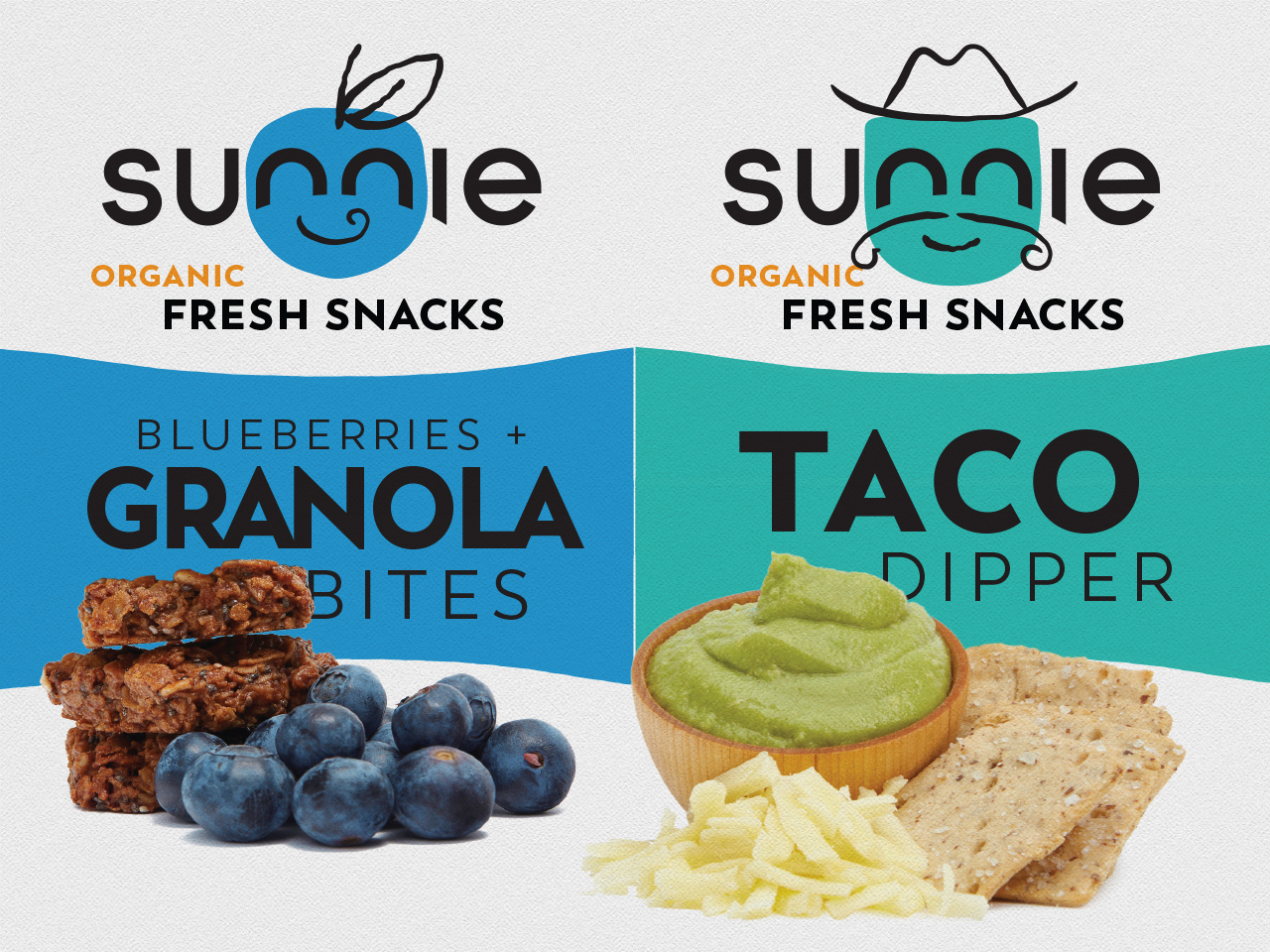 Sunnie Organic Fresh Snacks: Blueberries + Granola Bites and Taco Dipper product graphics