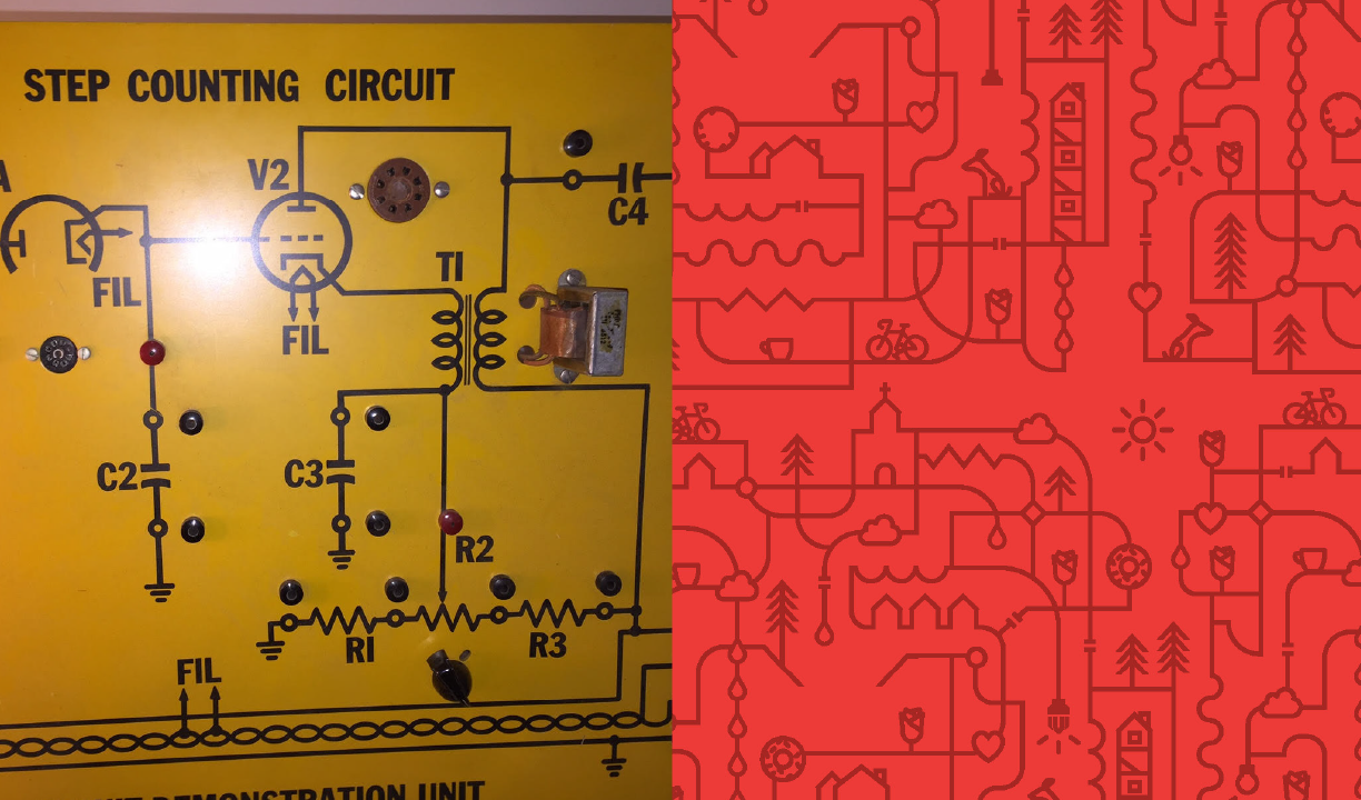 Vintage yellow step counting circuit board beside Wolcott's red trade-icon line pattern
