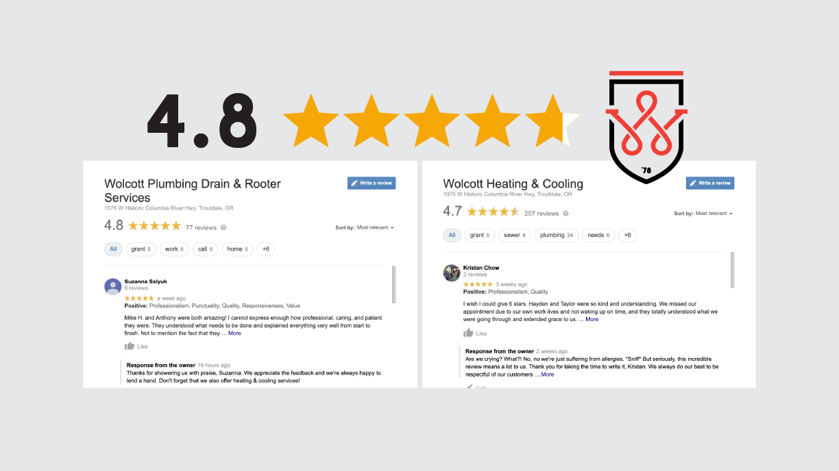 Google review screens showing Wolcott Plumbing and Heating at 4.8 stars with Wolcott shield logo