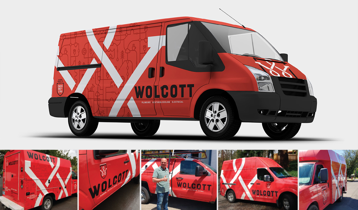 Wolcott van wrap mockups, red with white X stripe, including a tradesperson posing beside one