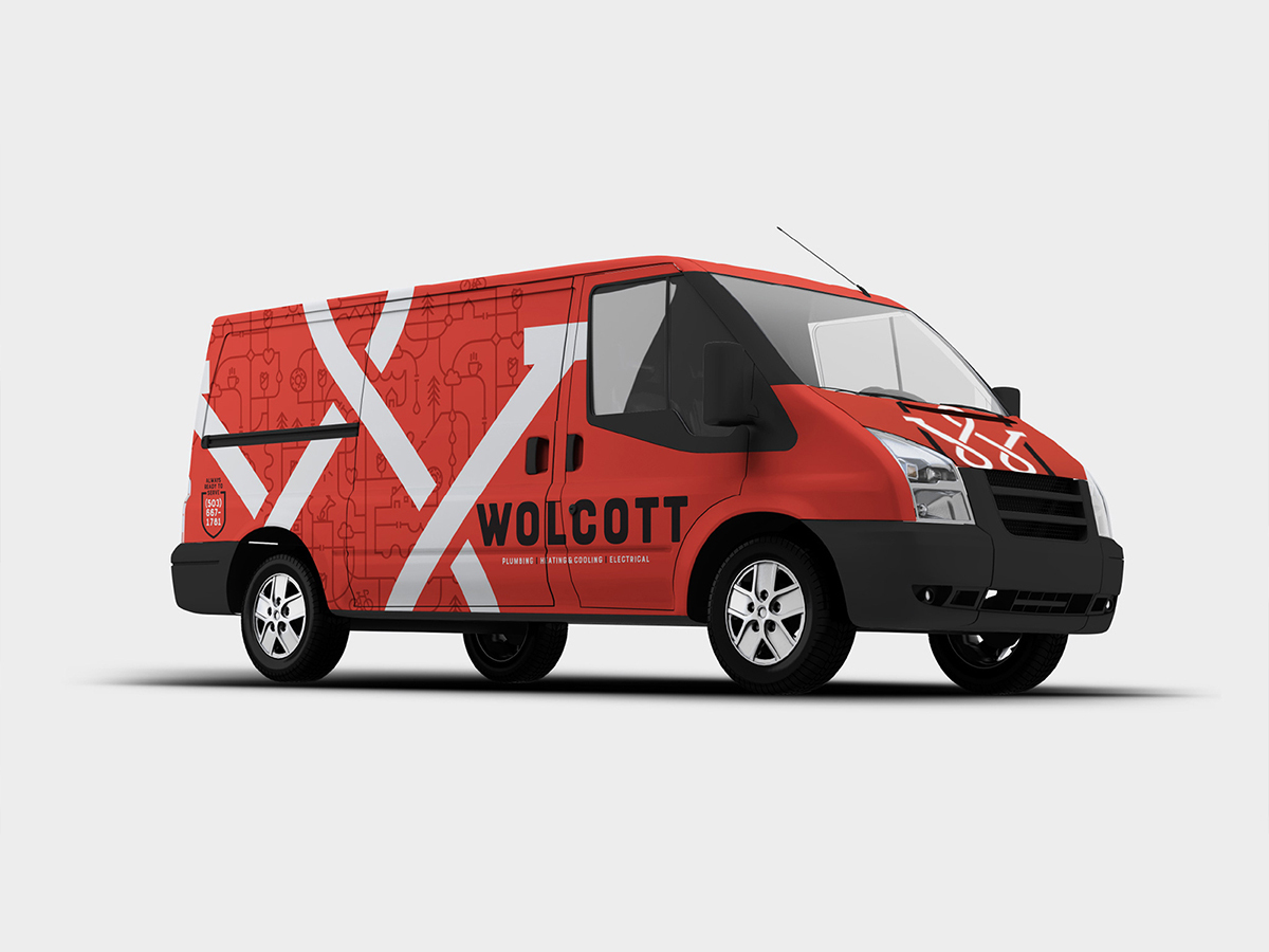 Red Wolcott delivery van mockup with white X stripe and trade-icon pattern, three-quarter view